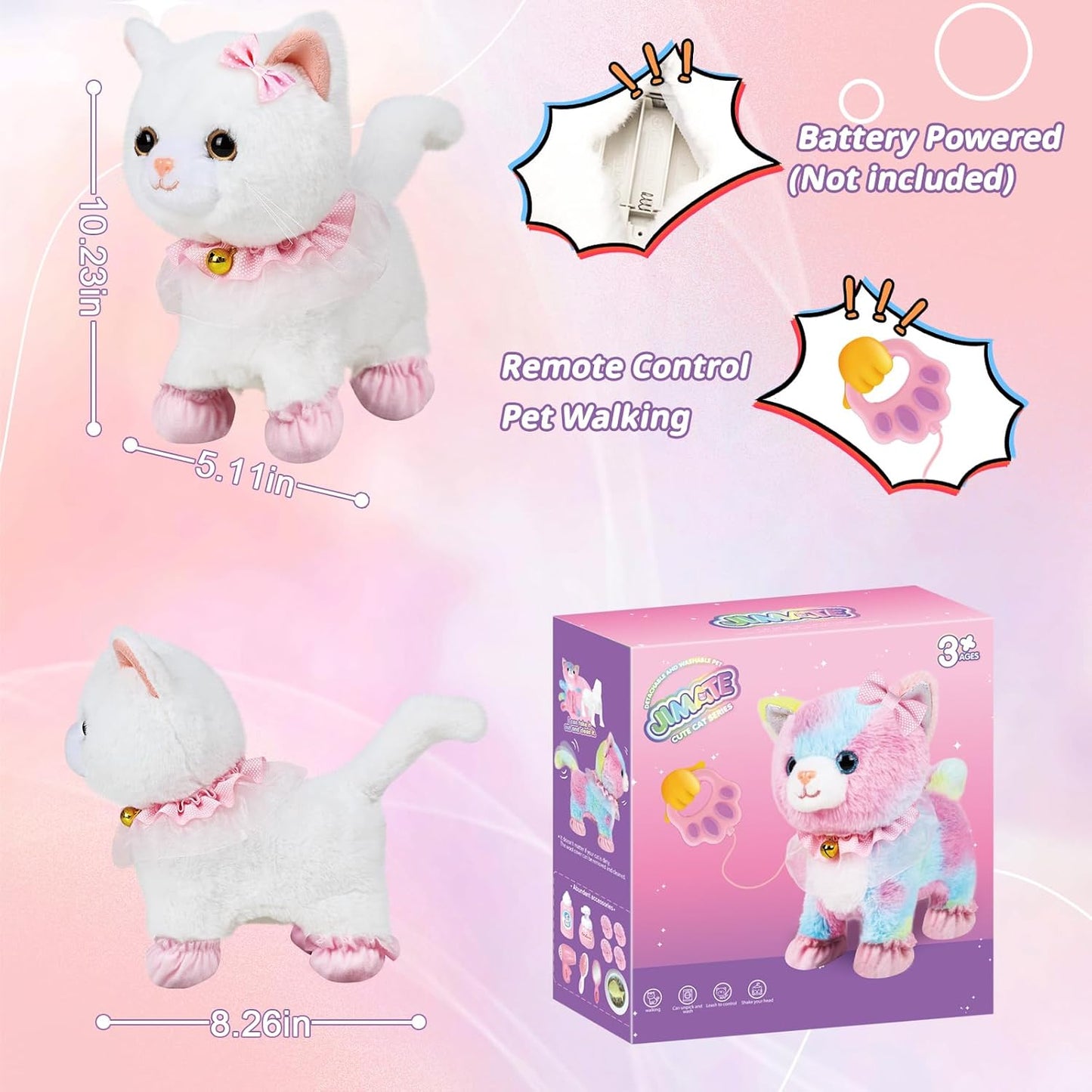 Interactive Electronic Plush Toy Walking and Barking Robot Cat Plush Cat Remote Control Kitten for Girls (White Cat)