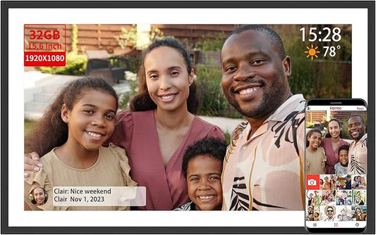 Frameo 15.6 Inch Large Digital Picture Frame WiFi Electronic Smart Digital Photo Frame 32GB 1920 * 1080 IPS Touch Screen Wall Mountable Auto-Rotate iOS Android Easy Setup to Photo or Video Best Gift