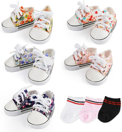 BABESIDE 18 Inch Baby Doll Shoes Sets with Socks for Dolls, 5 Pairs of Dolls Canvas Shoes with 3 Pair of Socks for 18 Inch Baby Doll Accessories, Floral Patterns