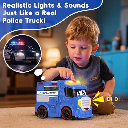 Remote Control Police Car Truck Toy Cars for Toddlers 1-3 with Sirens & Flashing Lights Cartoon RC Emergency Vehicle for Kids 3-5 Boys & Girls