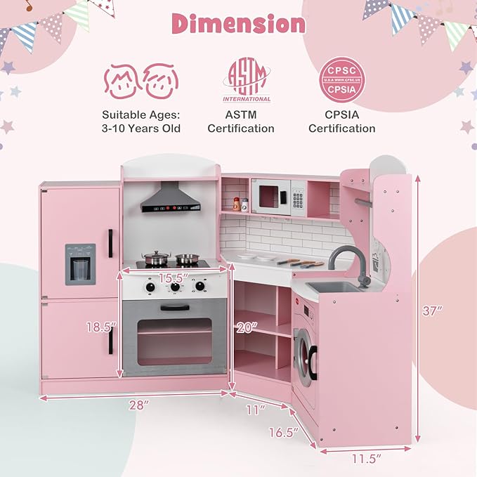 Costzon Corner Kids Kitchen Playset, Wooden Play Kitchen w/Sounds & Lights, Washing Machine, Range Hood, Ice Maker, Microwave, Oven, Sink, Pretend Toy Kitchen Set for Toddler, Gift for Boys Girls