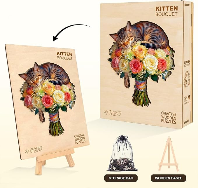 Cat Flower Bouquet Puzzles Adults Gifts Wooden 150 Pieces 11.4 * 10.3in