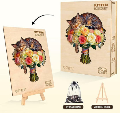Cat Flower Bouquet Puzzles Adults Gifts Wooden 80 Pieces 8.5 * 7.6in
