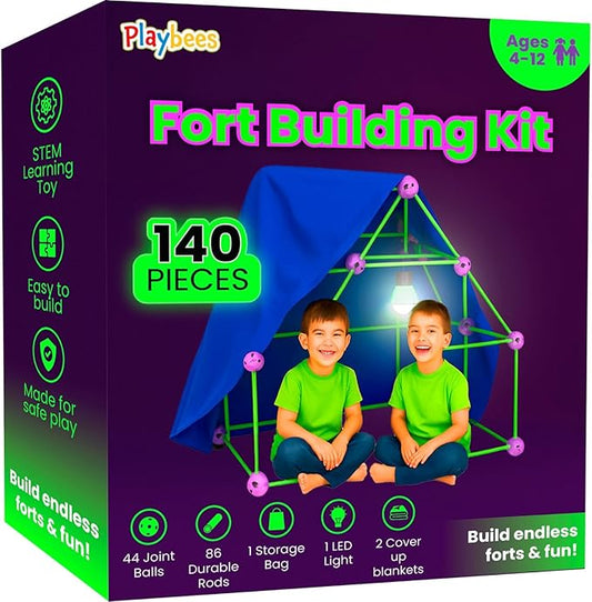 Playbees Fort Building Kit – 140 PCS STEM Toy for Kids Ages 4-12 – Build Tents, Castles & Rockets – Includes Rods, Connectors, 2 Blankets & Flashlight – Creative Building Set & Great Gift
