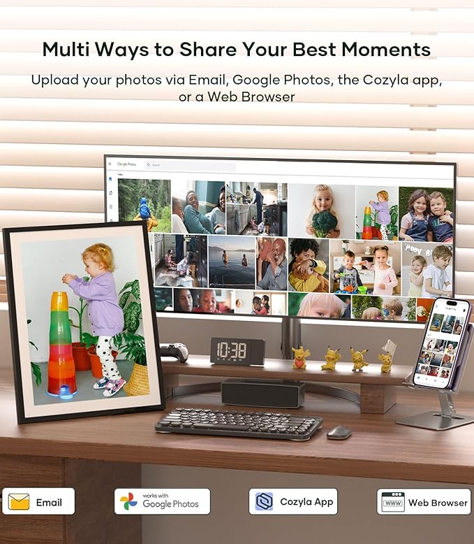 Cozyla Digital Picture Frame Large 17 Inch Digital Photo Frame Share Pictures via Email Google Photos Web Browser App Electronic Picture Frame Slideshow Free Unlimited Storage Video Picture Frame Mat
