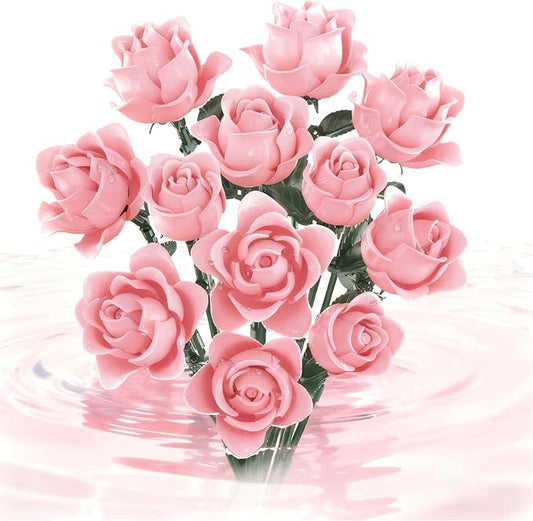 Pink Rose Bouquet Building Set, Compatible with Lego Flowers for Adults - Botanical Collection Gift for Valentines - Artificial Home Retro Decor