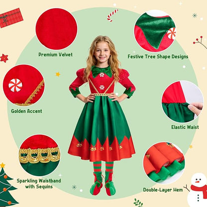 Meland Elf Costume for Girls - Light Up Elf Dress with for Kids 3-6 Years Old, Christmas Costume for Toddler
