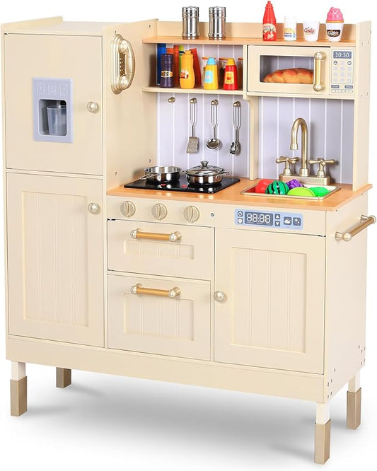 Arlopu Play Kitchen for Kids, Pretend Preschool Kitchen Sets, Wooden Cooking Playset w/Realistic Light & Sound, Telephone, Stove, Fridge, Microwave, Removable Sink, Water Dispenser (Beige)