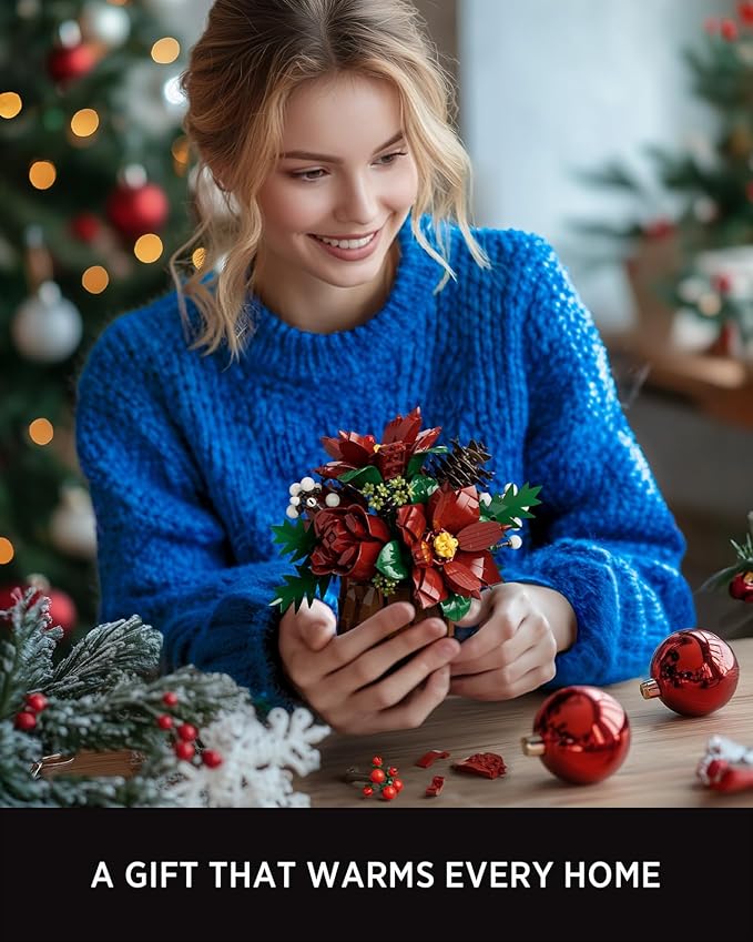 Nifeliz Poinsettia Flowers Building Set, Artificial Poinsettia Floral Arrangement for Adults, Tabletop Flower Decor for Home or Desk Display (767 PCS, NF10347)