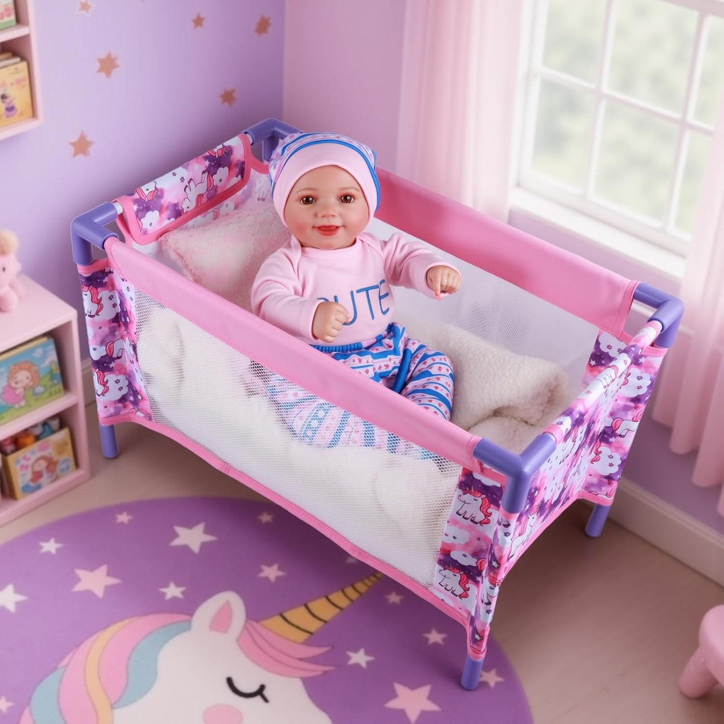 BABESIDE Reborn Baby Doll Crib Set for 17-21 Inch Dolls, Foldable Baby Doll Playpen Toy Crib with Storage Bag for Reborn Baby Doll Accessories, Purple Babydoll Pack and Play