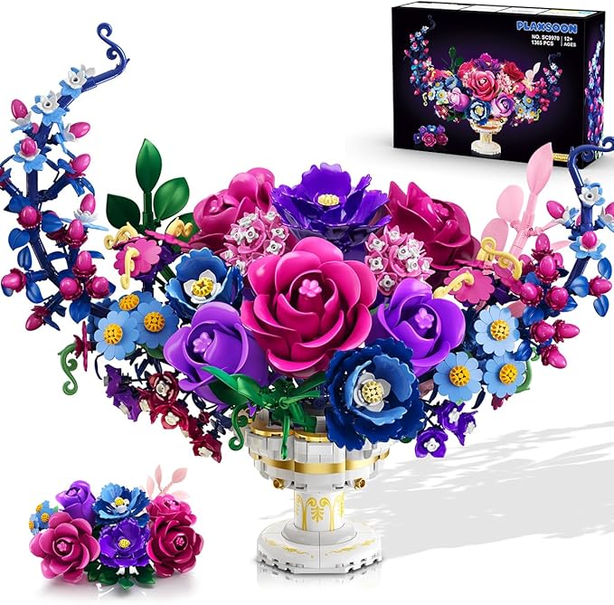 Moon Flower Bouquet Building Set with Lights, Valentines Day Flowers Botanicals Building Block Kit, 1365 PCS Bonsai Plant Collection Home Decor, Gift for Her Adults Women Boys Girls 12+