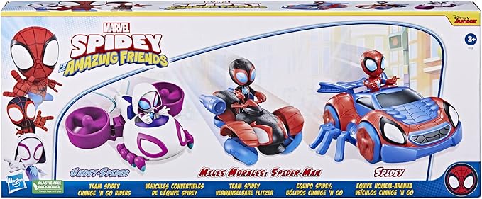 Spidey and His Amazing Friends Team Spidey Change ‘N Go Riders Playset, 3 Toy Cars and Action Figures, Marvel Super Hero Toys for 3 Year Old Boys and Girls and Up (Amazon Exclusive)