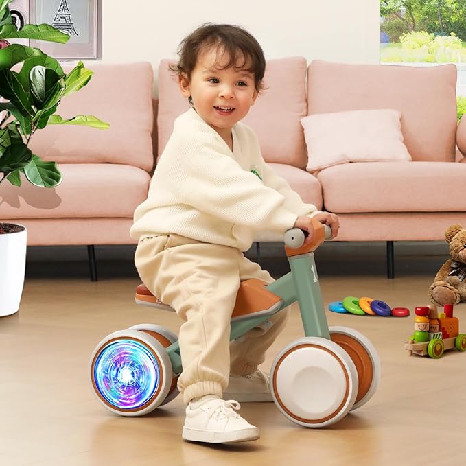 Colorful Lighting Baby Balance Bike Toys for 1 Year Old Boys Gifts, Toddler First Bike 12-24 Months with Adjustable and Cushioned Seat, 4 Quiet Wheels Ride On Toy, Perfect First Birthday Gift