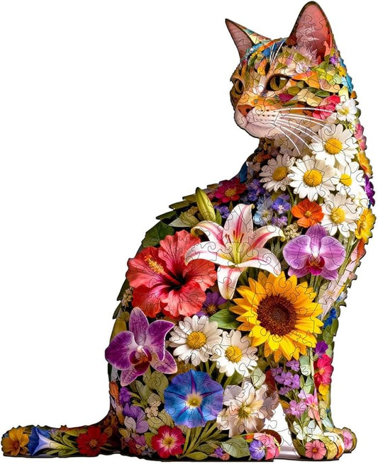 Floral cat Puzzles Adults Gifts Wooden 65 Pieces 8.5 * 6.9in