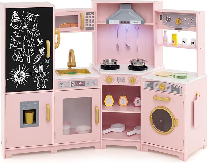 Costzon Corner Play Kitchen w/Lights, Sounds, Large Pretend Play Kitchen Set w/Blackboard, Microwave, Cooking Accessories, Wooden Montessori Sensory Toy for Kids 3+ Years Old (Pink)