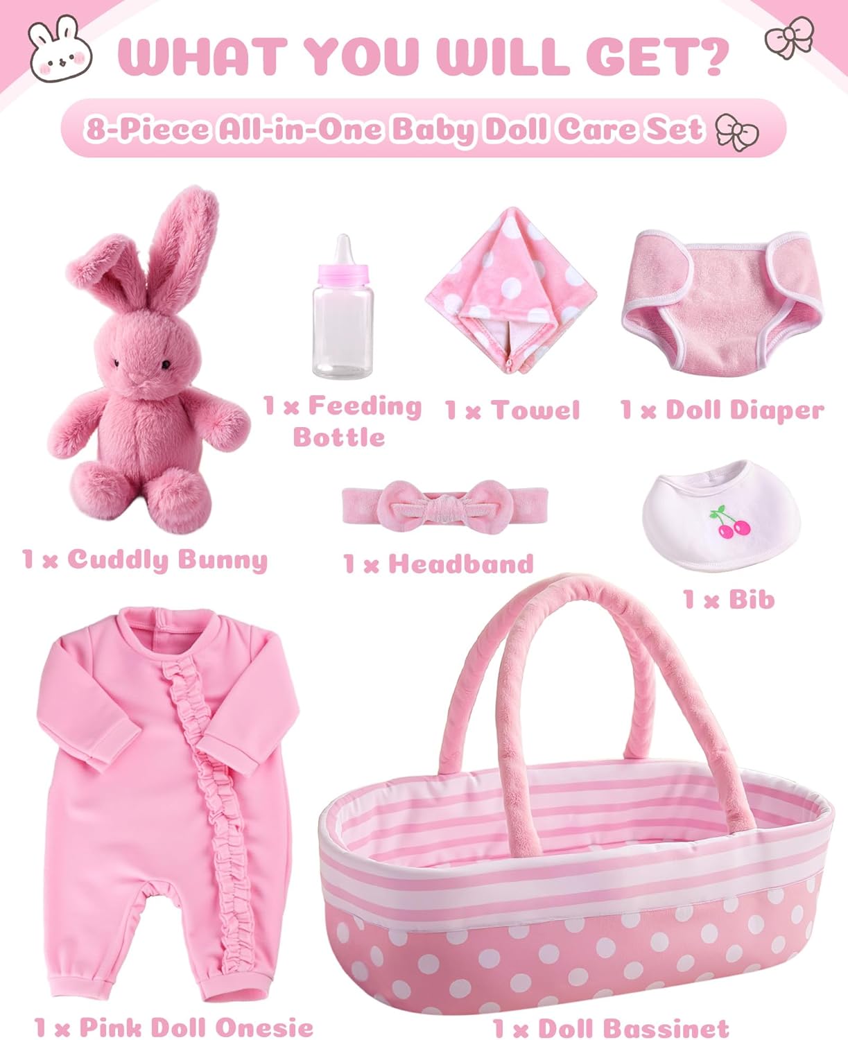 BABESIDE 8 Pcs Baby Doll Accessories, Reborn Baby Dolls Clothes with Bassinet for 17-22 Inch Baby Dolls, Outfit fit Newborn Babies Doll Girl, Babies Pretend Play Set