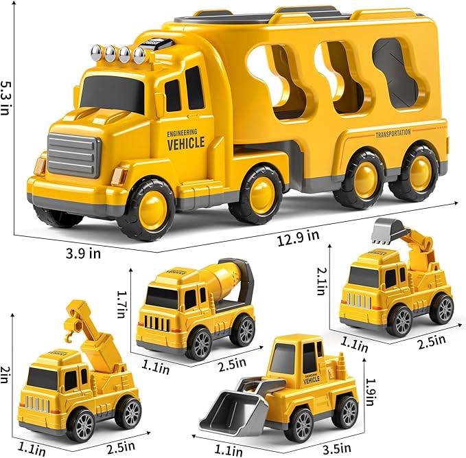 Trucks for Toddlers 2-4 Years 1-3 4-8 4-7 Boys Girls, 5 in 1 Construction Carrier Toy Trucks for Kids, Detachable Transport Trailer Toy, 1 Year Old Boy Gifts Birthday Toy