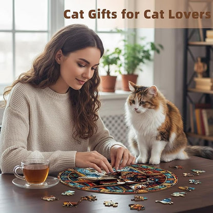 Wooden Puzzles Adults, Maine Cat Library Wooden Puzzles 100 Pieces, Unique Animal Shaped Wood Challenging Jigsaw Puzzles Gifts for Adults, 8.5x8.5in
