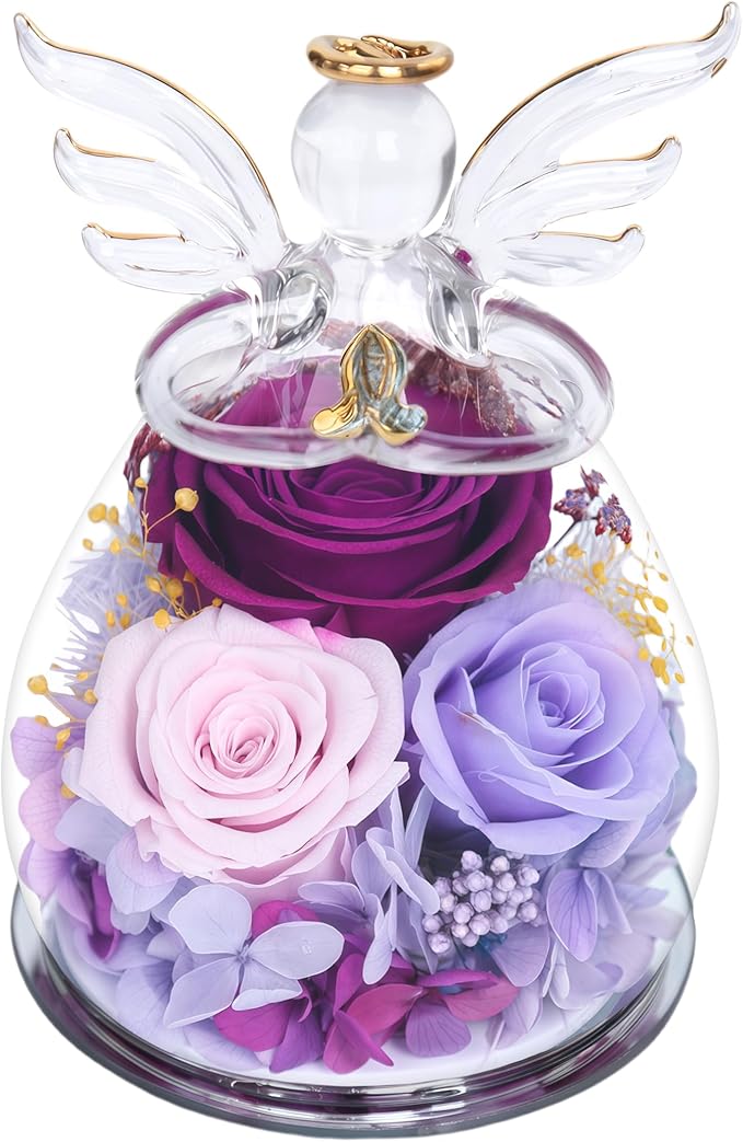 Preserved Flowers Rose Gifts for Women,Eternal Roses Forever Flower in Glass Angel Figurines for Delivery Prime Birthday Mother's Day for Girlfriend Grandma Wife Sister Daughter Valentine Christmas