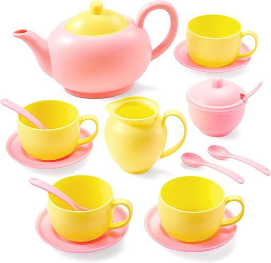 JOYIN 18PCS Pretend Role Play Tea Party Set, Pink Plastic Tea Set, Mini Kitchen for Kids, Gifts for Toddler Boys Girls, Gift for Christmas