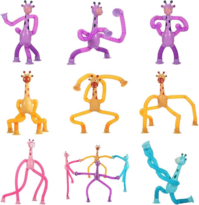 4Pcs Giraffe Pop Tube Sensory Toys, Telescopic Suction Fidget Toys for Autism, Toddler Travel & Airplane Activities, Stocking Stuffers for Kids Boys Girls