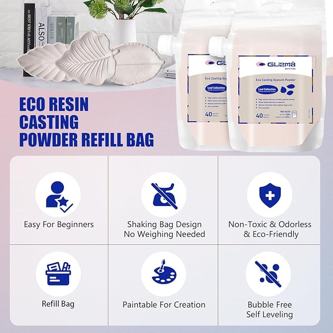Glizma Refill Bag for Leaf Kit 0.79lb*2, Resin Casting Powder 360g*2, Water Activated Works of Art of Plaster, Fast Curing, 40+ Minutes Demold, Shaking Bag Design, Easy Mixing and Self Leveling