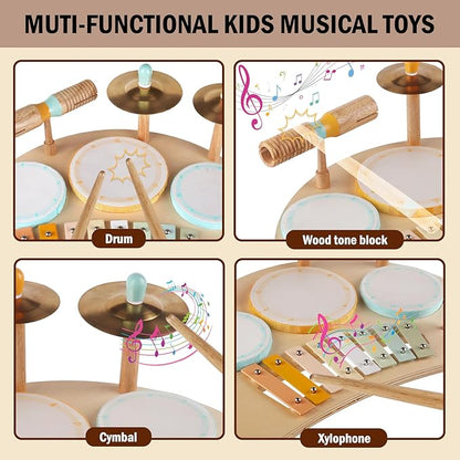 Toddlers Drum Set Toys for Toddlers 1-3,Baby Drum with Xylophone,Musical Instruments Toy, Kids Wooden Montessori Toys Birthday Gift for Boys Girls