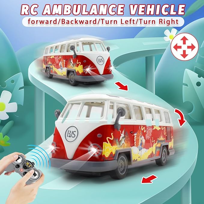 Remote Control Bus 2.4G Remote Control 1962 Volkswagen Classic Bus with Decals Retro Truck Model with Lights Sound Electric Vehicle Playsets Cars for Kids Toy