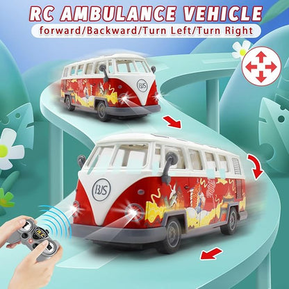 Remote Control Bus 2.4G Remote Control 1962 Volkswagen Classic Bus with Decals Retro Truck Model with Lights Sound Electric Vehicle Playsets Cars for Kids Toy