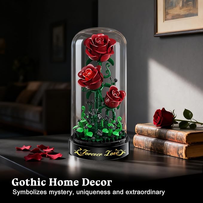 Flower Building Set with LED Light - 241 PCS Burgundy Red Rose Building Blocks Kit with Cover, Valentine's Day Gift for Her Grilfriend Wife 3.6MM Mini Botanical Collection Block Toy Home Decor