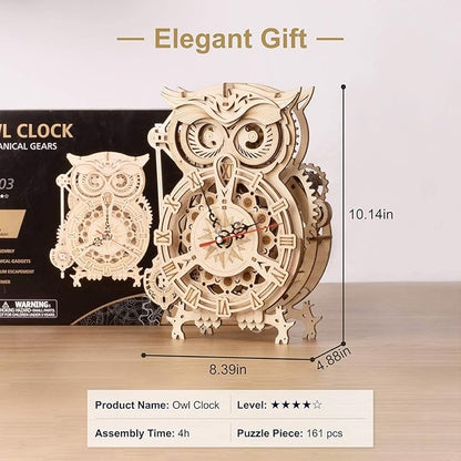 ROKR 3D Wooden Puzzles for Adults Owl Clock - Mechanical Model Building Kit DIY Hobbies for Men Women 161PCS Clock Puzzle Creative Craft Gift Home Decor for Family