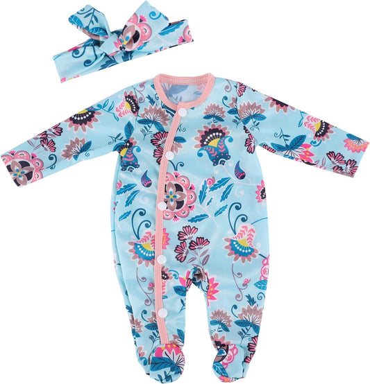 BABESIDE 2 PCS Reborn Baby Doll Clothes Set with Headband for 17-22 Inch Dolls – Floral Jumpsuit and Baby Doll Accessories for Girls, Blue