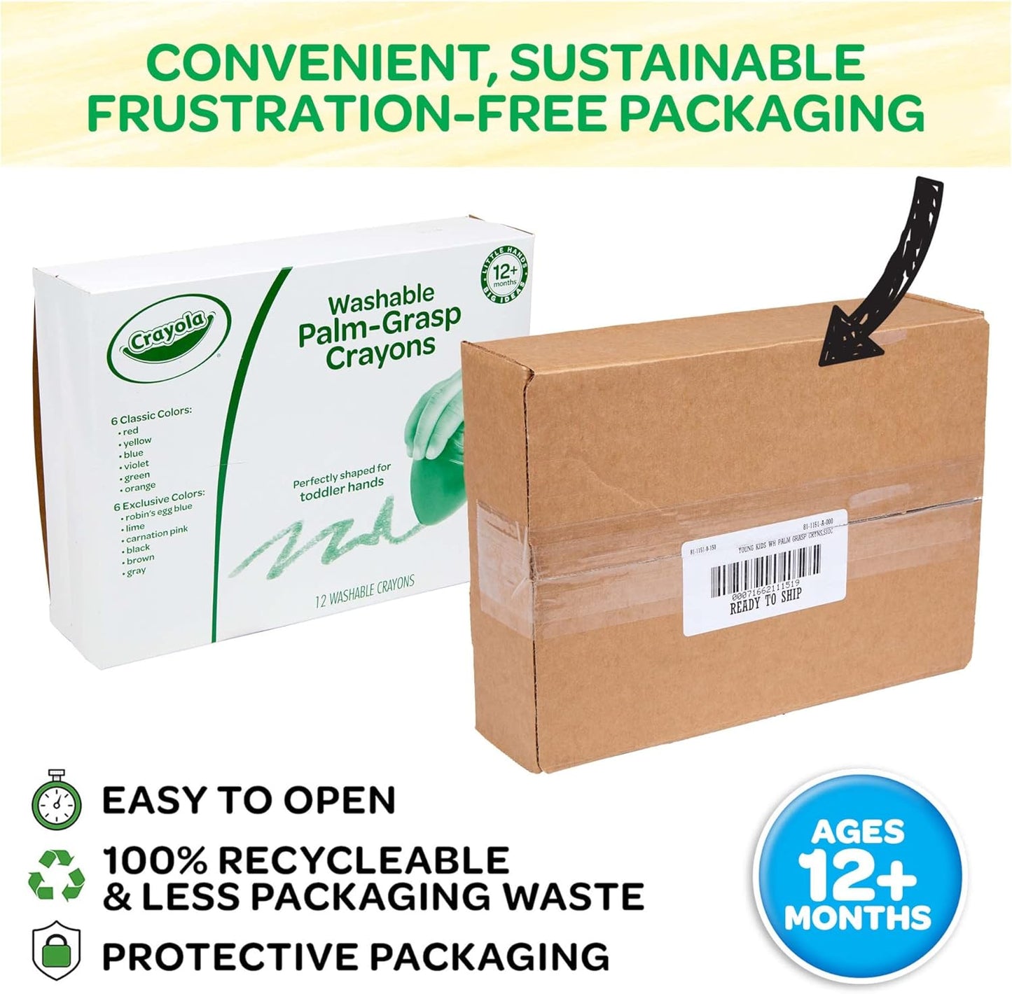 Crayola Large Egg Crayons (12ct), Jumbo Washable Crayons for Toddlers, Preschool Art Supplies for Toddlers, Classroom Must Have, Ages 1+