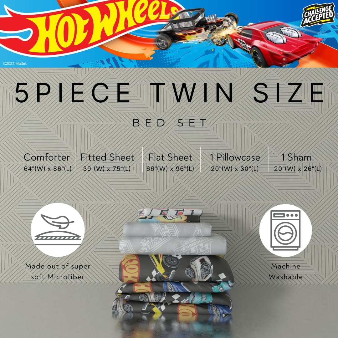 Franco Hot Wheels Kids Bedding Super Soft Comforter and Sheet Set with Sham, 5 Piece Twin Size, (Officially Licensed Product)
