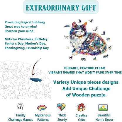 Lazy Cute Cat Wooden Puzzles, Unique Animal Shape Wood Puzzle, Jigsaw Puzzles for Adults Christmas Thanksgiving Gifts for Cat Lovers Friends Family, 95 Pieces 8.5x7.7in