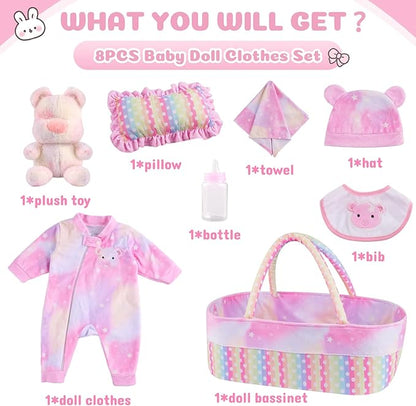 BABESIDE 8 Pcs Reborn Baby Doll Clothes with Bassinet for 17-22 Inch Babydolls, Reborn Baby Doll Accessories fit Newborn Dolls Girls, Colorful Baby Dolls Clothes