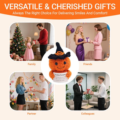 Handmade Crochet Pumpkin Plush with Inspirational Card - Cute Halloween & Thanksgiving Decor, Emotional Support Gift for Women & Men, Autumn Desk Decoration, Positive Office & Home Desktop Ornament