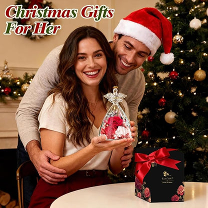 Valentines Rose Gifts for Women, 7" Red Preserved Roses Flowers in Glass Angel Figurine, Birthday Gift for Mom Wife Grandma, Eternal Rose for Mothers Day Christmas Anniversary