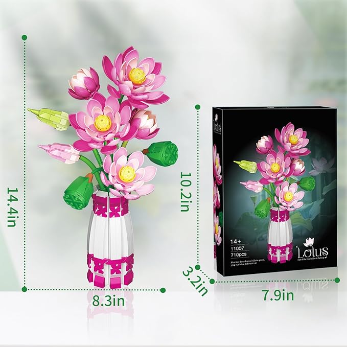 Lotus Flowers Botanical Building Set with Vase, Compatible with Lego Flowers Botanicals Collection, Pink Artifcial Flower Bouquet with Vase for Indoor Outdoor, 710 PCS