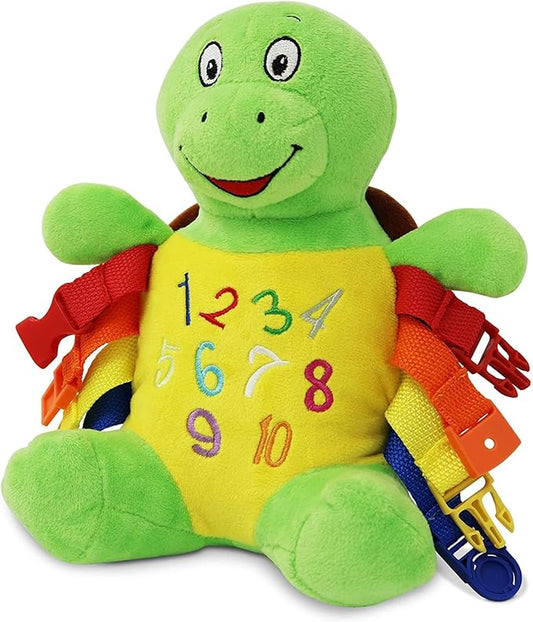 Buckle Toys Bucky Turtle Stuffed Animal Montessori Toys for Toddlers 1-3 Animal Sensory Toys to Develop Fine Motor Skills & Learn Shapes and Colors, Travel Essentials for Kids, Includes Storage Pocket