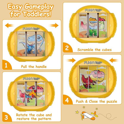 Rotating Puzzle for Kids 3 4 5 6 7 8 Year Old, 4 Puzzles in 1, Toddlers Travel, Car, Airplane, Road Trip Activities, Fine Motor Skills, Fidget, Gift for Boys & Girls Ages 3+ (Dinosaur)