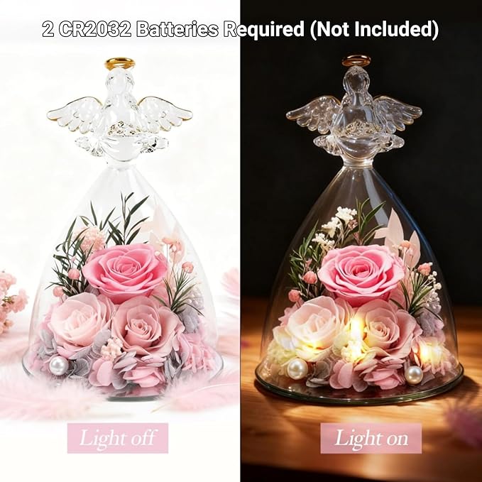 Valentines Rose Gifts for Women, 7" Pink Preserved Roses Flowers in Glass Angel Figurine, Birthday Gift for Mom Wife Grandma, Eternal Rose for Mothers Day Christmas Anniversary