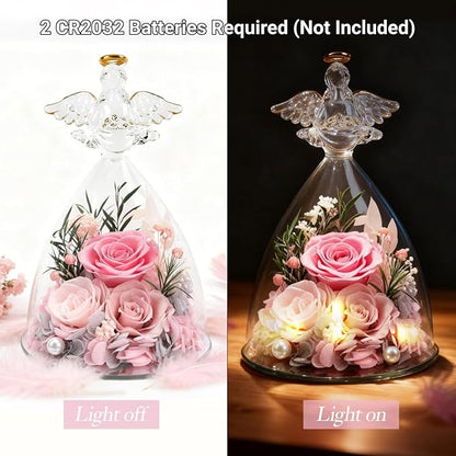 Valentines Rose Gifts for Women, 7" Pink Preserved Roses Flowers in Glass Angel Figurine, Birthday Gift for Mom Wife Grandma, Eternal Rose for Mothers Day Christmas Anniversary