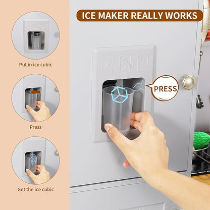 Arlopu Play Kitchen for Kids, Pretend Preschool Kitchen Sets, Wooden Cooking Playset w/Realistic Light & Sound, Telephone, Stove, Fridge, Microwave, Removable Sink, Water Dispenser (Gray)