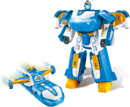 Super Wings 3-in-1 World Aircraft Transforming Robot with Light and Sound Effects, with a 2‘’ Transformable Robot Jett, Transformable Toy for Girls and Boys Aged 3 Years up, Blue