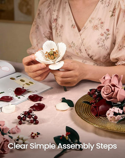 iATOM Pink Roses Flower Bouquet Building Set, Artificial Flowers Botanical Collection Kit for Adults Women & Men - Gift for Valentines Day, Home Room Office Shelf Centerpieces Decor - IA11022