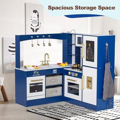 Corner Play Kitchen for Kids, Wooden Toddler Kitchen Playset w/Faucet, Sink, Microwave, Oven, Apron, Blackboard, Cabinets, Pretend Cooking Toys w/Sound & Light Gift for Ages 3+ (Blue)