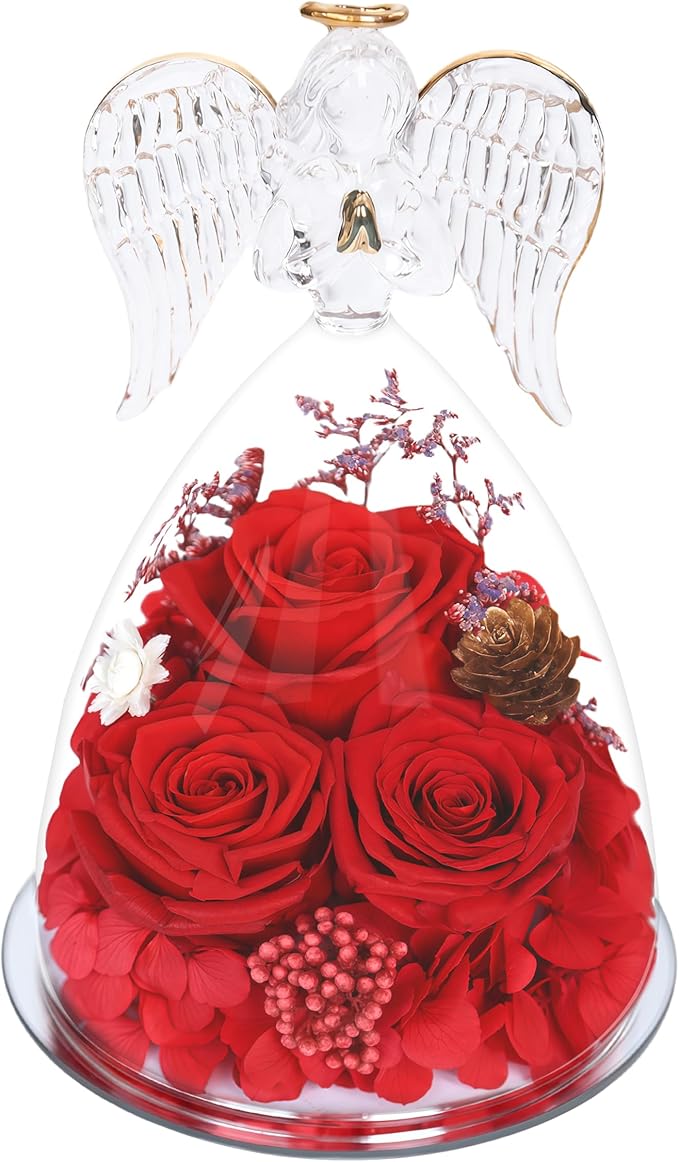 Preserved Flowers Rose Gifts for Women,Eternal Roses Forever Flower in Glass Angel Figurines for Delivery Prime Birthday Mother's Day for Girlfriend Grandma Wife Sister Daughter Valentine Christmas