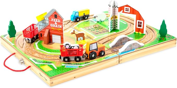 Melissa & Doug 17-Piece Wooden Take-Along Tabletop Farm, 4 Farm Vehicles, Play Pieces, Barn, Grain House Take-Along Pretend Play Toy Barn Toys for Toddlers Ages 1+