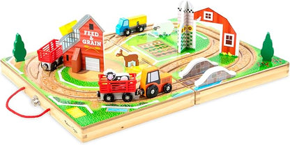Melissa & Doug 17-Piece Wooden Take-Along Tabletop Farm, 4 Farm Vehicles, Play Pieces, Barn, Grain House Take-Along Pretend Play Toy Barn Toys for Toddlers Ages 1+